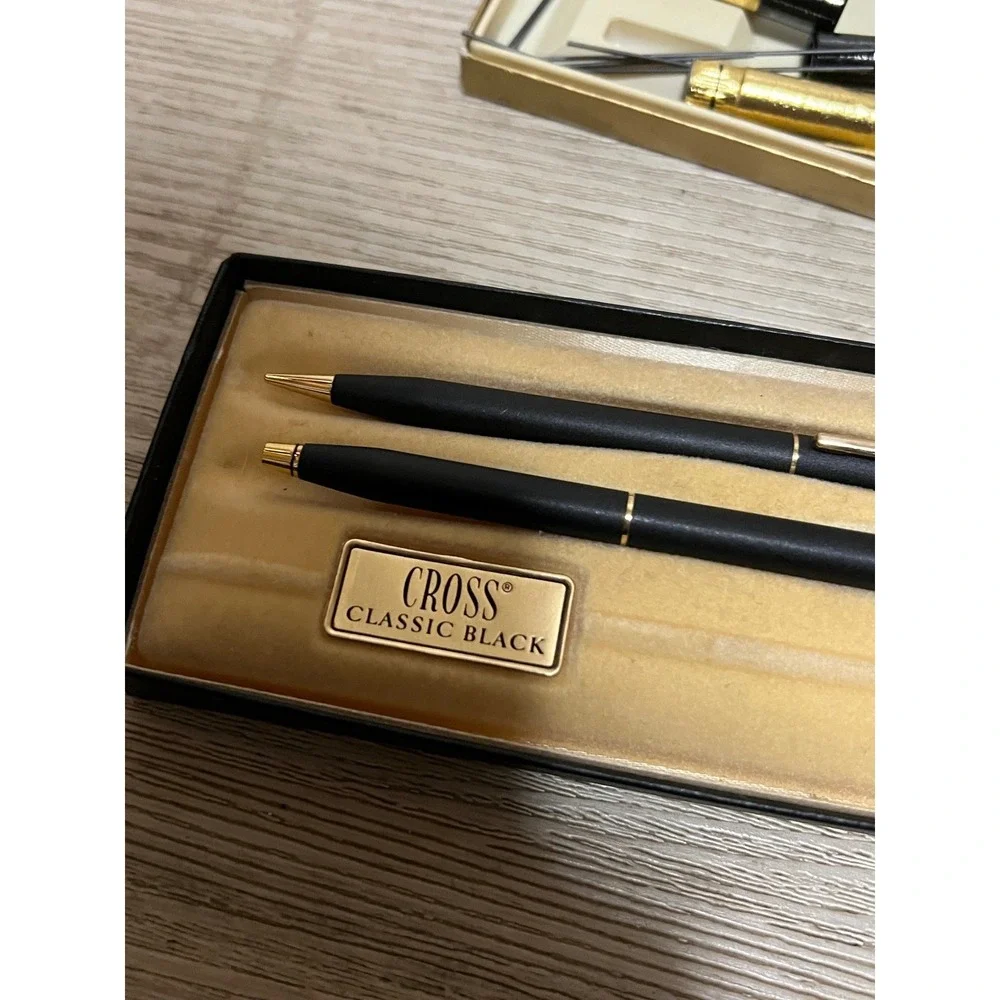 Cross Classic Black Pen and Pencil Set Matte Gold Trim Vintage with Box Refills‎